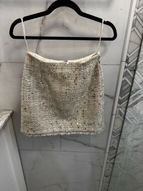 ANTONIO MELANI Cream Sequin Tweed Mini Skirt
